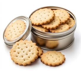 Round crackers in a metal tin.  A close-up view of several crackers arranged in a tin with lids