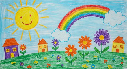 Joyful childlike drawing of houses flowers sun and rainbow