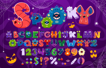 Cartoon monster characters font, cute and crazy type, fantasy alien typeface, Halloween english alphabet vector typography set. Funny ghost, slime, dragon and alien animal monsters font abc letters