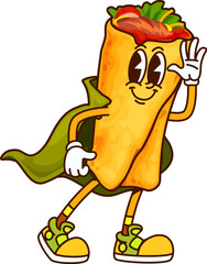 Cartoon groovy Mexican burrito retro fast food character wearing superhero or wizard cape and vintage sneakers. Isolated vector shawarma comic fastfood tex mex personage, with nostalgic 60s 70s vibe