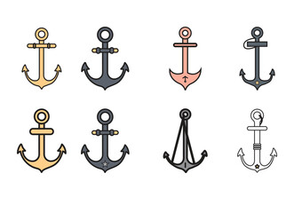 Sea Anchors Set Nautical Iconography, Simple Outline Design on Transparent