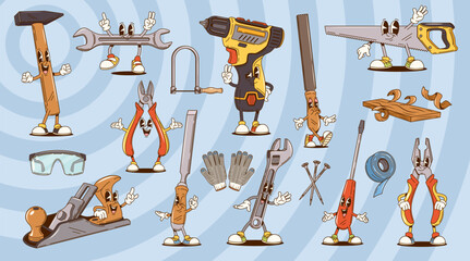 Cartoon groovy repair, construction and DIY tools characters. Happy hammer, wrench, screwdriver and pliers vector personages. Retro groovy hippie drill, spanner, saw and file work tools characters