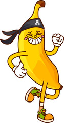 Cartoon groovy banana pirate and corsair fruit character with a cheeky grin wears black bandana with skull and crossbones emblem playfully dancing with retro hippie vibe, ready for high seas adventure