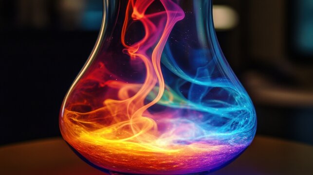 A vibrant glass lamp filled with swirling colorful light trails in shades of red, orange, yellow, blue, and green. The lamp’s curved glass reflects the dynamic light patterns and creates an ethereal a - Powered by Adobe