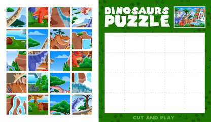 Prehistoric dinosaur animals jigsaw puzzle logic game. Dinosaurs jigsaw puzzle vector worksheet with tyrannosaur, styracosaurus, hypselosaurus and plateosaurus, paralititan, pteranodon cute characters © Vector Tradition