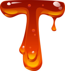 Flowing honey cartoon font letter T. Tasty candy cartoon element, liquid caramel vector ABC font letter. Sweet honey type sign or yellow amber flow English alphabet typeset symbol