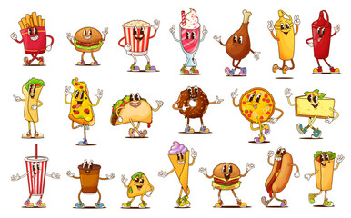 Groovy fast food, drinks and desserts characters. Happy retro hippie pizza, hamburger, hot dog and soda vector personages. Psychedelic popcorn, french fries, donut and coffee, groovy ice cream, taco