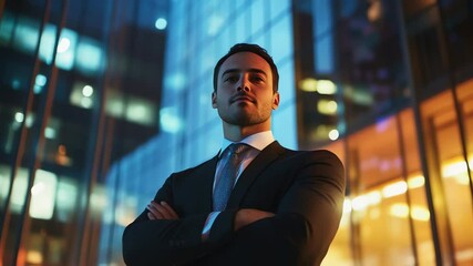 Businessman in city lights with arms crossed.