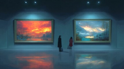 Obraz premium A serene art gallery scene featuring two figures standing in front of two large paintings, one depicting a fiery sunset and the other a tranquil mountainscape, with soft lighting illuminating the canv