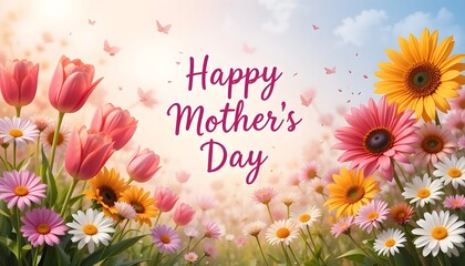 Happy Mother’s Day Floral Illustration with Blue Sky Background