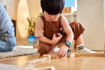 Boy playing with toy blocks at home