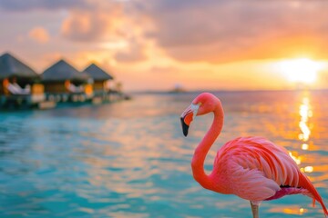 Fototapeta premium The picture of the flamingo is standing at the sea near resort in the middle of ocean, the flamingo is large wading bird known for its distinctive pink or red color, long legs, and curved neck. AIG51.