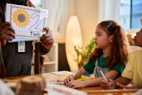 Teacher showing number 2 to students in class