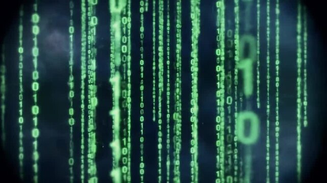 Looping animation of falling binary code in a digital rain effect, inspired by Matrix-style aesthetics, representing cybersecurity, programming, and digital information flow.