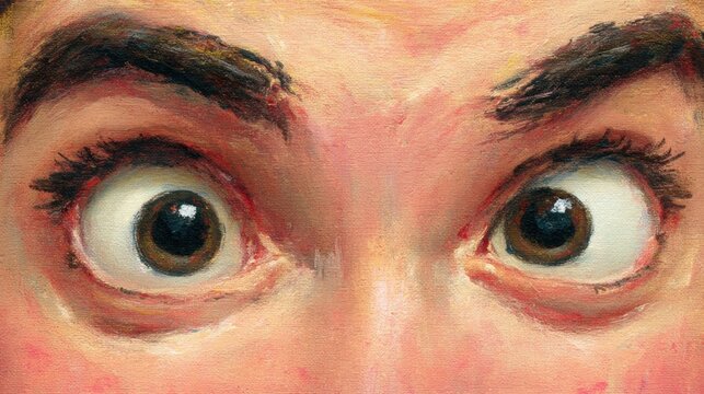 Close-up painting of a pair of expressive eyes, showcasing intricate details of the eyelashes, eyebrows, and reflections in the irises. The eyes convey a sense of surprise or fear, with a vibrant colo