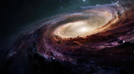 A stunning cosmic image depicting a swirling galaxy, featuring a bright central bulge surrounded by luminous, spiral arms rich in colors ranging from deep purples to fiery oranges. The starry backgrou