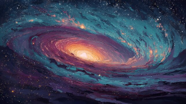 A vibrant digital illustration of a swirling galaxy, showcasing an array of colors including deep purples, blues, and hints of orange, with stars scattered throughout the cosmic backdrop. The central 