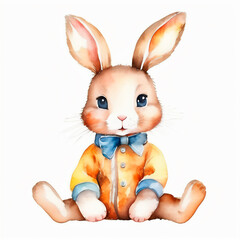 Watercolor illustration of cute baby rabbit with soft strokes and pastel colors isolated on white background.
