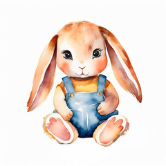 Watercolor illustration of cute baby rabbit with soft strokes and pastel colors isolated on white background.
