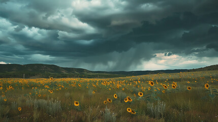 Dramatic Storm Clouds Over a Golden Field of Sunflowers