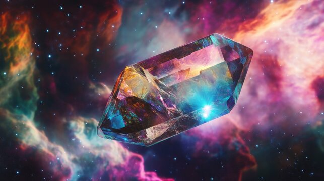 A vibrant, crystalline structure floats in the depths of a colorful cosmic background, featuring swirling nebulae and sparkling stars in various hues of purple, blue, and orange. The crystal is multi-
