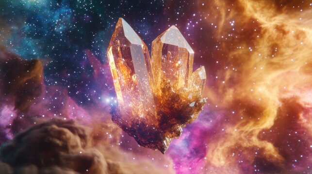 A stunning digital rendering of three large, faceted crystal formations floating in a cosmic space, surrounded by vibrant nebulae and stars. The crystals exhibit brilliant oranges and golds, reflectin