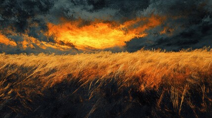 A dramatic landscape featuring a vast field of golden wheat illuminated by a fiery sunset. The sky is dominated by dark storm clouds that create a stark contrast with the warm orange and yellow hues o