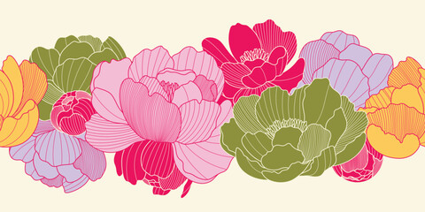 Vector seamless border with oriental color peony flowers and leaves of line style. Chinese color pattern of line flowers. Asian design illustration for wallpaper, card, poster, advertising.