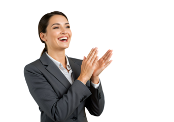 A businesswoman clapping, celebrating a team’s success, isolated