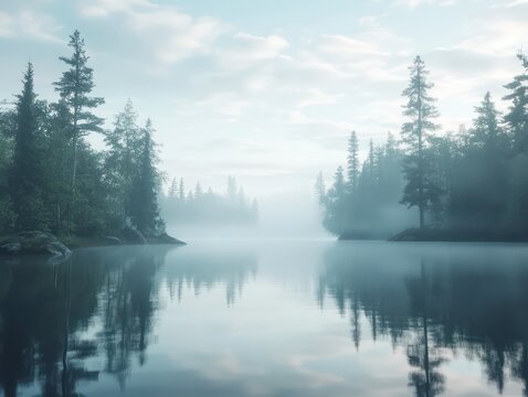 Misty lake and forest landscape - Powered by Adobe