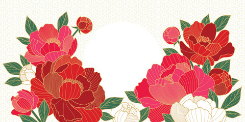Chinese luxury poster with oriental peony flowers, leaves and circle frame. Asian vector background of gold lines art texture. Design illustration for wallpaper, card, poster, packaging, advertising © Valedi 