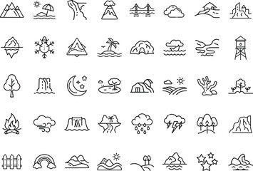 Essential Landscape Icons for Nature, Travel and Weather Design.