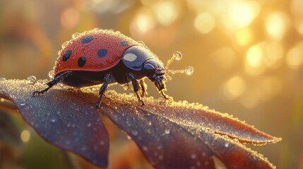 A close-up shot of a vibrant red ladybug adorned with black spots, perched on a dew-covered green leaf. The background features a soft focus with golden bokeh effect from sunlight, highlighting drople