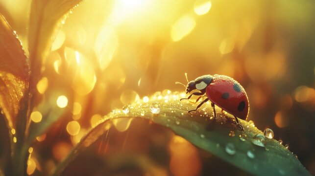 A close-up view of a ladybug perched on a green leaf, adorned with glistening water droplets. The background features a soft, golden haze created by sunlight filtering through foliage, enhancing the s