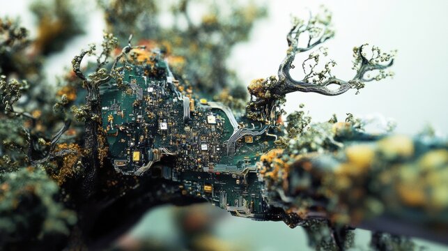 A visually striking concept image depicting a fusion of nature and technology, where a detailed circuit board is intricately integrated into the branches of a stylized tree. The image features vibrant