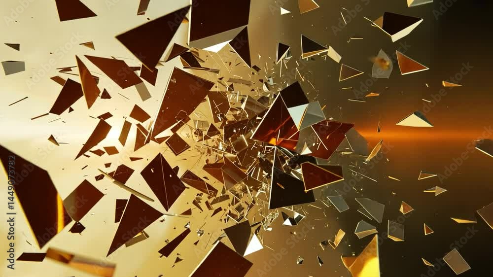 Poster abstract explosion of dynamic geometric shapes in gold and bronze, creating energetic visual effect 