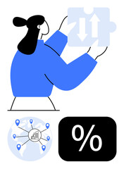 Woman holding puzzle piece with arrows indicating exchange. Globe with global network connections and percentage sign. Ideal for collaboration, strategy, connectivity, finance, problem-solving
