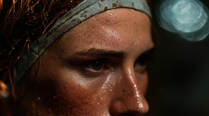 Close-up portrait of a determined young woman with a headband, glistening with beads of sweat on her forehead and cheeks, showcasing intense focus in her eyes. The background features blurred lights, 