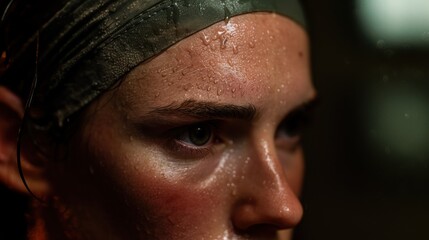 A close-up portrait of a female athlete, showcasing her intense focus and determination. The woman has a slight sheen of sweat on her brow, indicating physical exertion. Her hair is slicked back under