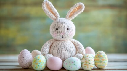 A cute, knitted bunny sitting among colorful easter eggs on a wooden surface. The bunny is soft, with large floppy ears, embroidered facial features, and a knitted texture. The easter eggs are decorat