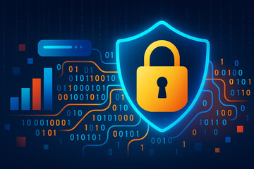 A digital illustration featuring a shield with a lock symbol, representing cybersecurity and data protection