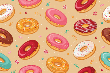 Create a vibrant seamless pattern featuring diversely shaped donuts in various glazes and sprinkles.  Include at least three unique donut forms.