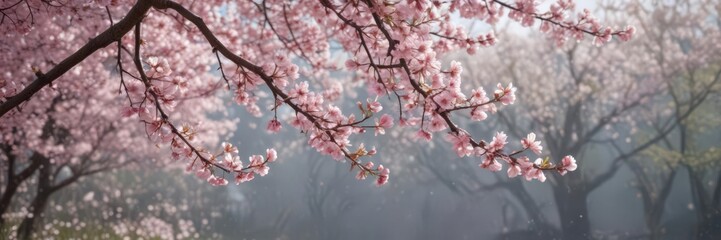 Obraz premium Soft pink sakura petals descend against a tranquil spring backdrop , sakura, peaceful