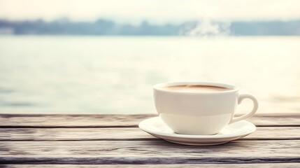 Steaming coffee cup outdoors on wooden surface by lake