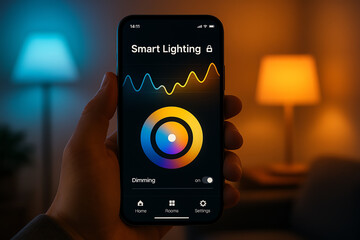 A modern smartphone displaying a smart lighting app, showcasing vibrant color options for ambient lighting. The background features stylish lamps, creating a cozy atmosphere.