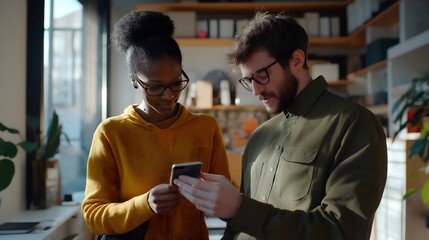 Interracial couple looking at their phones at home.