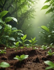 Tiny coffee seedlings emerge, vibrant green leaves unfurl against lush backdrop ,  foliage,  sunlight,  organic