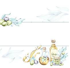 Olives and olive oil illustrated in watercolor showcasing elements of Italian cuisine and nature frame, border, arrangement