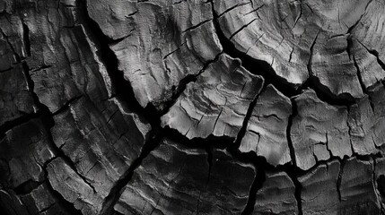 Dark, textured close-up of charred wood surface, showcasing intricate cracks and crevices, emphasizing the rough patterns and distinct grain of the burned timber. The monochromatic palette highlights 