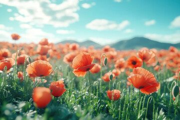 Obraz premium breathtaking landscape showcasing sunny fields filled with vibrant blooming poppy flowers.